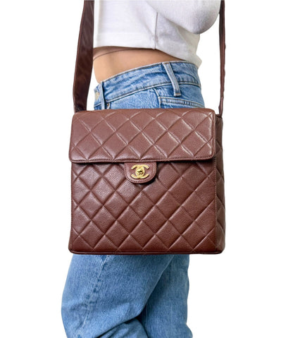 CHANEL Vintage CC Turnlock Quilted Flap Crossbody Bag Brown Gold Leather 902843