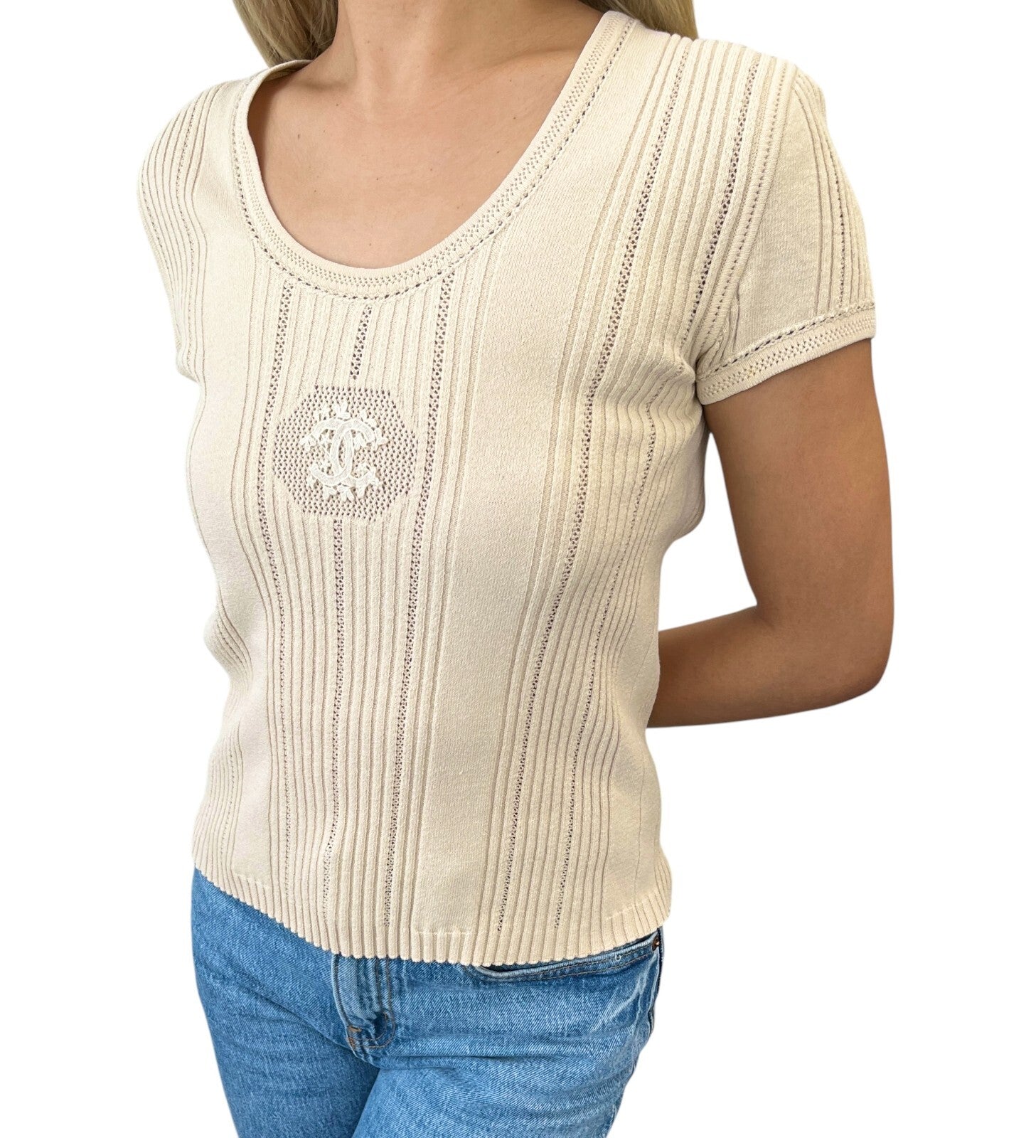 CHANEL Vintage 03P CC Mark Logo Knit T-shirt Top #36 Beige Cotton Polyester