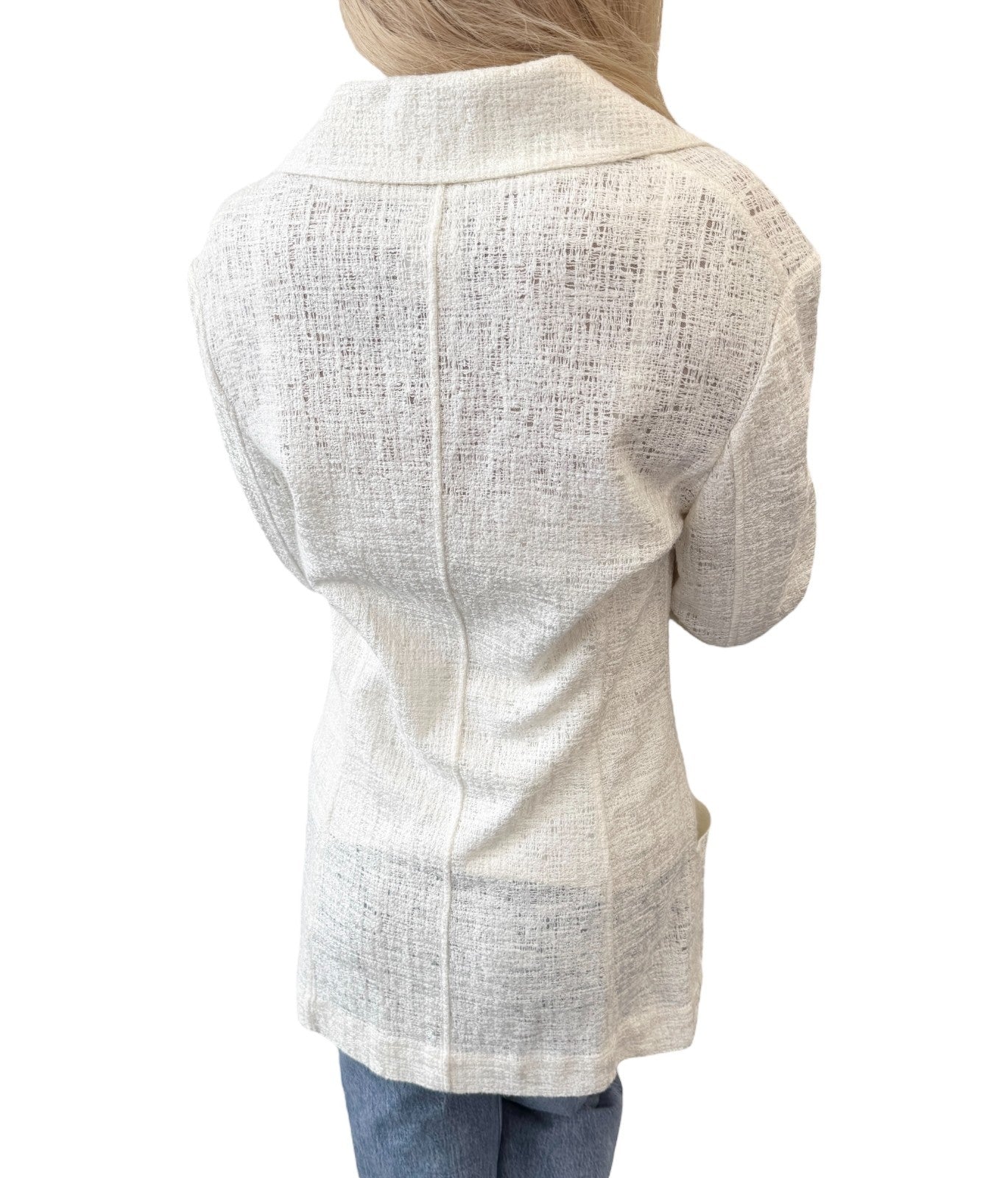 CHANEL Vintage 98P CC Logo Button Boucle Tweed Blazer Jacket #38 White Silver