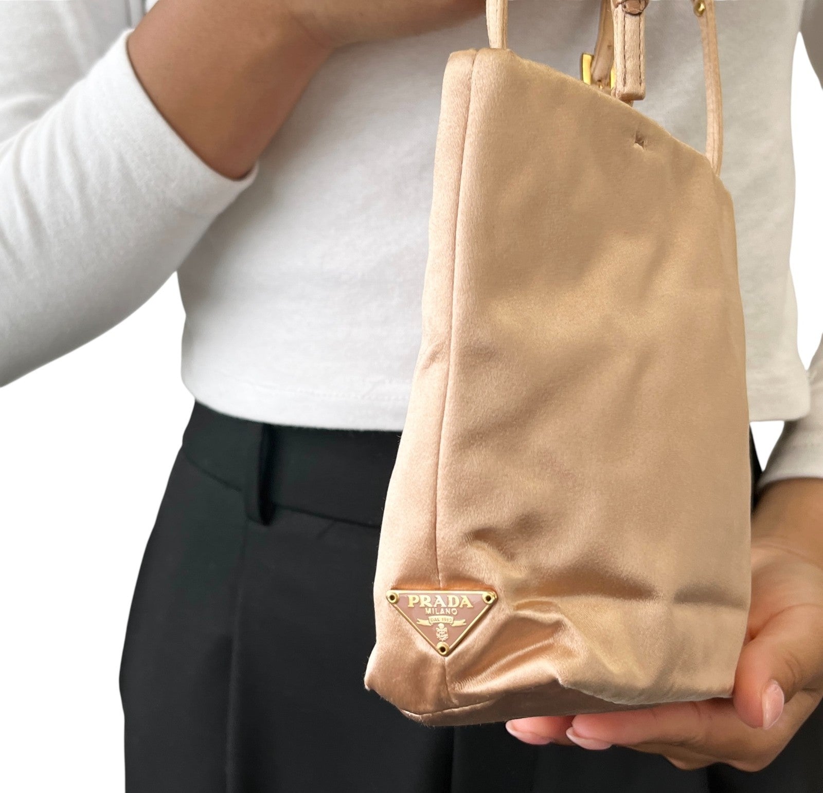 PRADA Vintage Triangle Logo Mini Tote Bag HandBag Pochette Beige Gold Satin