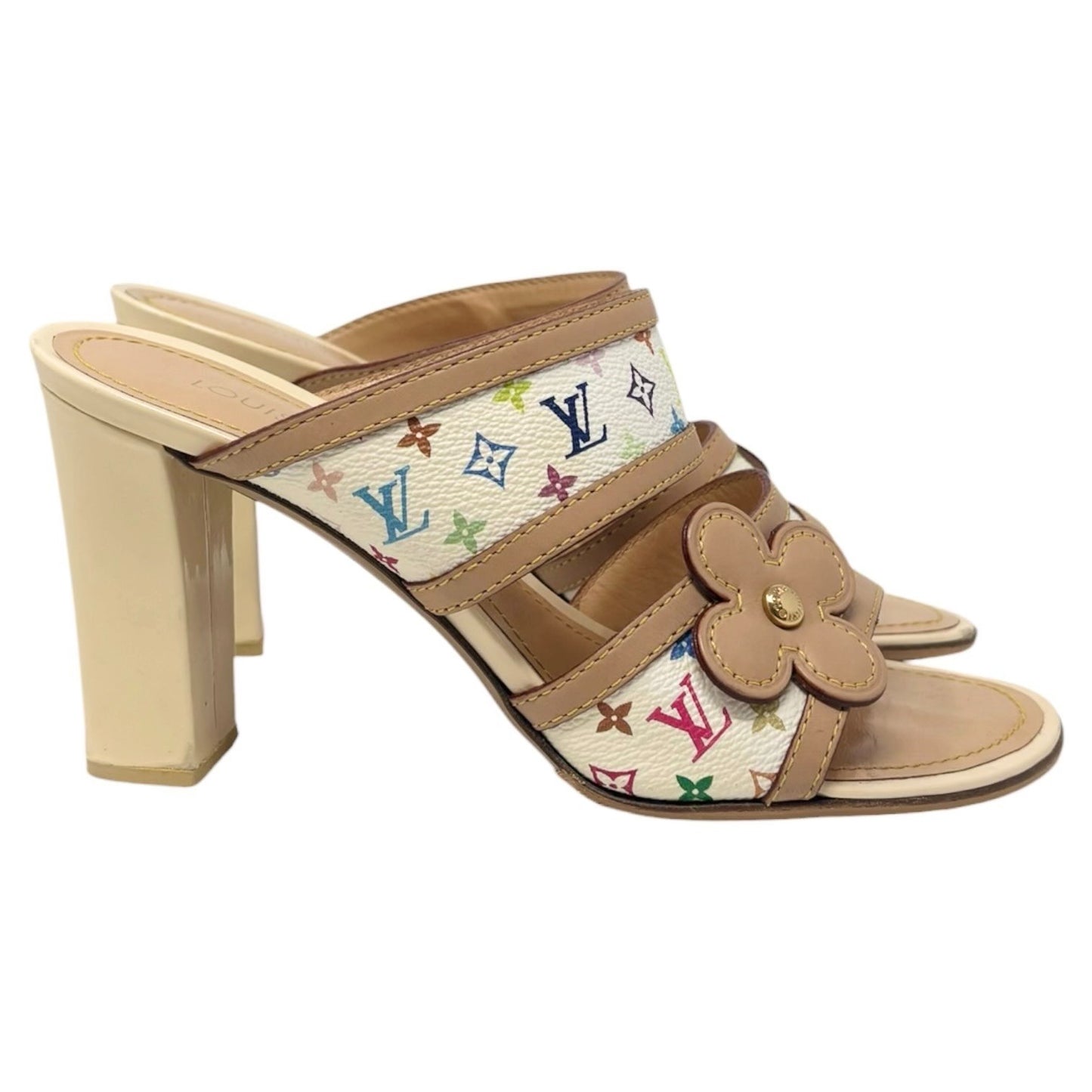 LOUIS VUITTON Vintage Monogram Multicolor Flower Sandals Heels #37 White 902261