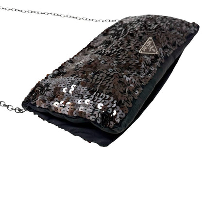 PRADA Vintage Triangle Logo Sequins Shoulder Bag Pochette Handbag Brown 902281