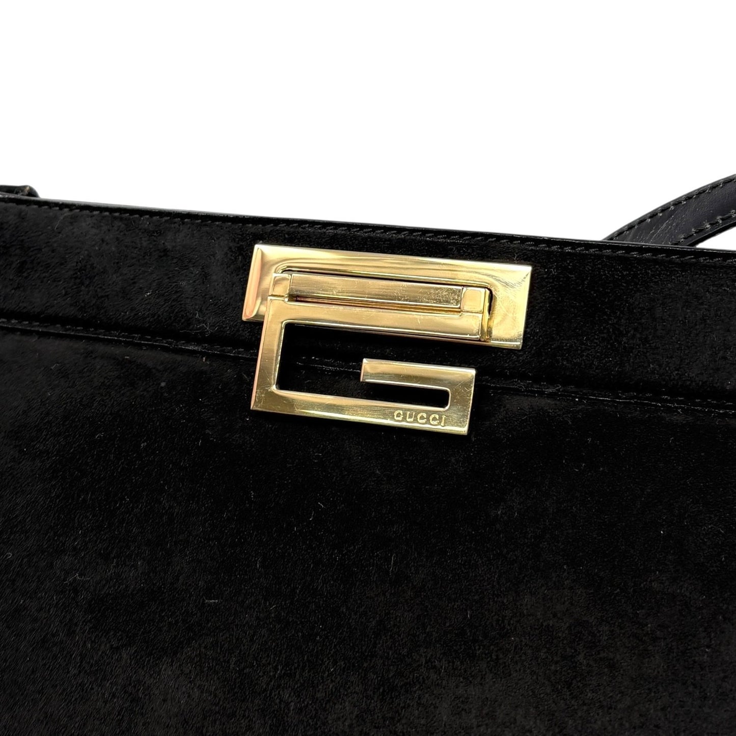 GUCCI Vintage G Square Logo Shoulder Bag Handbag Black Gold Suede Leather