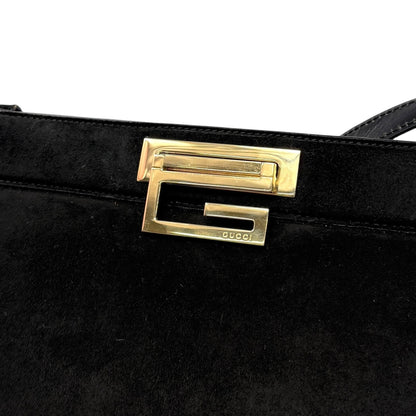GUCCI Vintage G Square Logo Shoulder Bag Handbag Black Gold Suede Leather