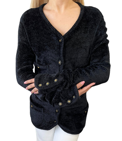 CHANEL Vintage 95A CC Logo Button Cardigan Sweater Top #38 Black Gold Velour