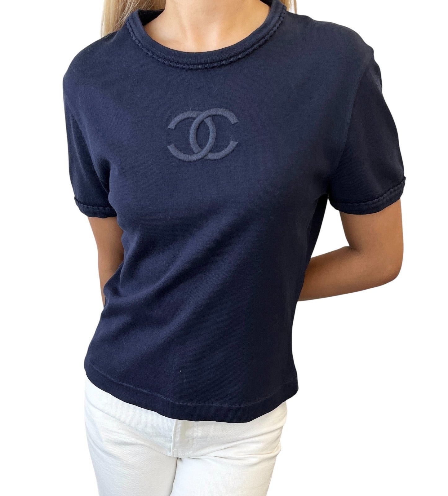 CHANEL Vintage CC Mark Logo Knit Top T-shirt Short Sleeve #38 Dark Blue Cotton