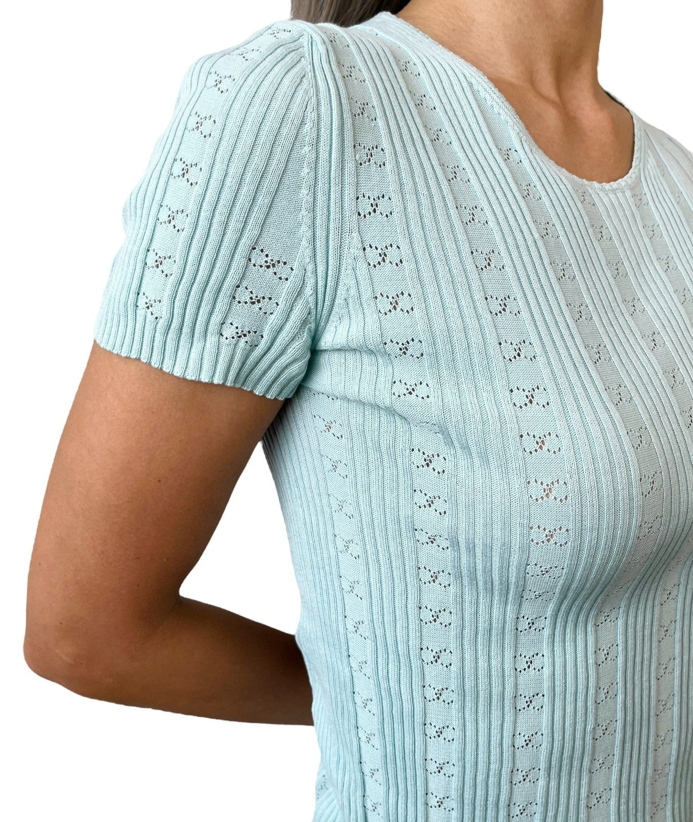 CHANEL Vintage CC Logo Rib Knit T-shirt Top Light Blue Cotton 901807