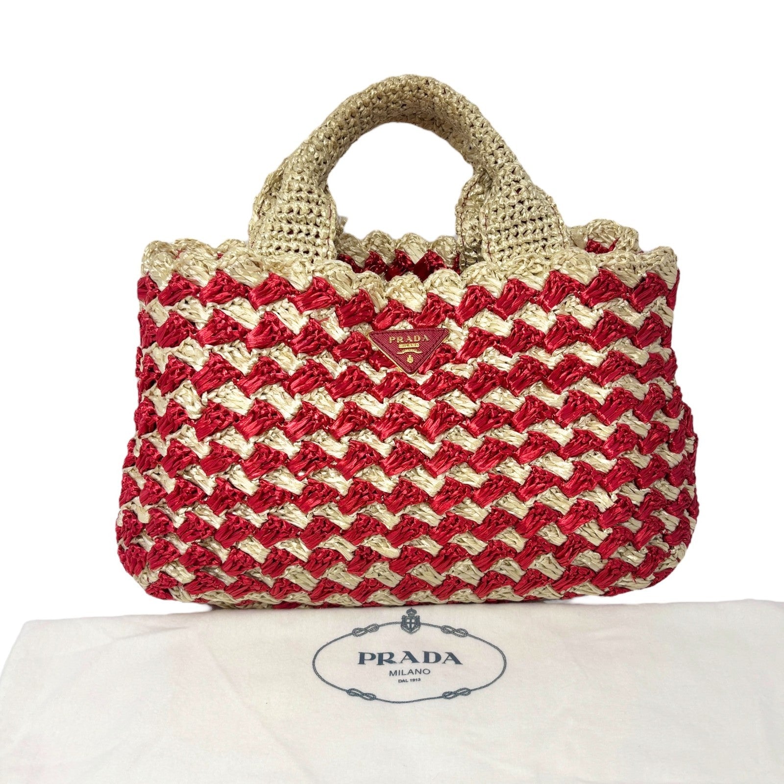 PRADA Vintage Logo Raffia Tote Bag Handbag Red Cream Gold Polyethylene