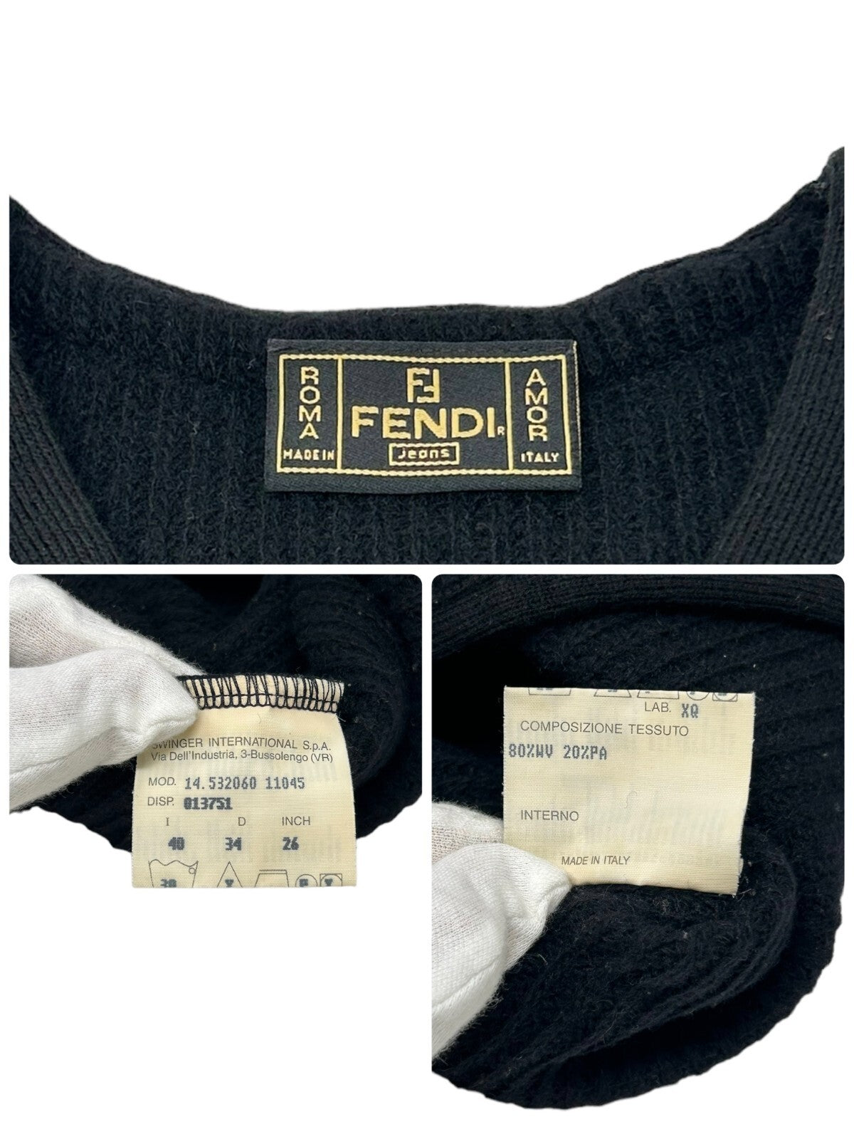 FENDI Vintage Logo Jeans Long Sleeve Sweater #40 Knit Black Wool RankAB
