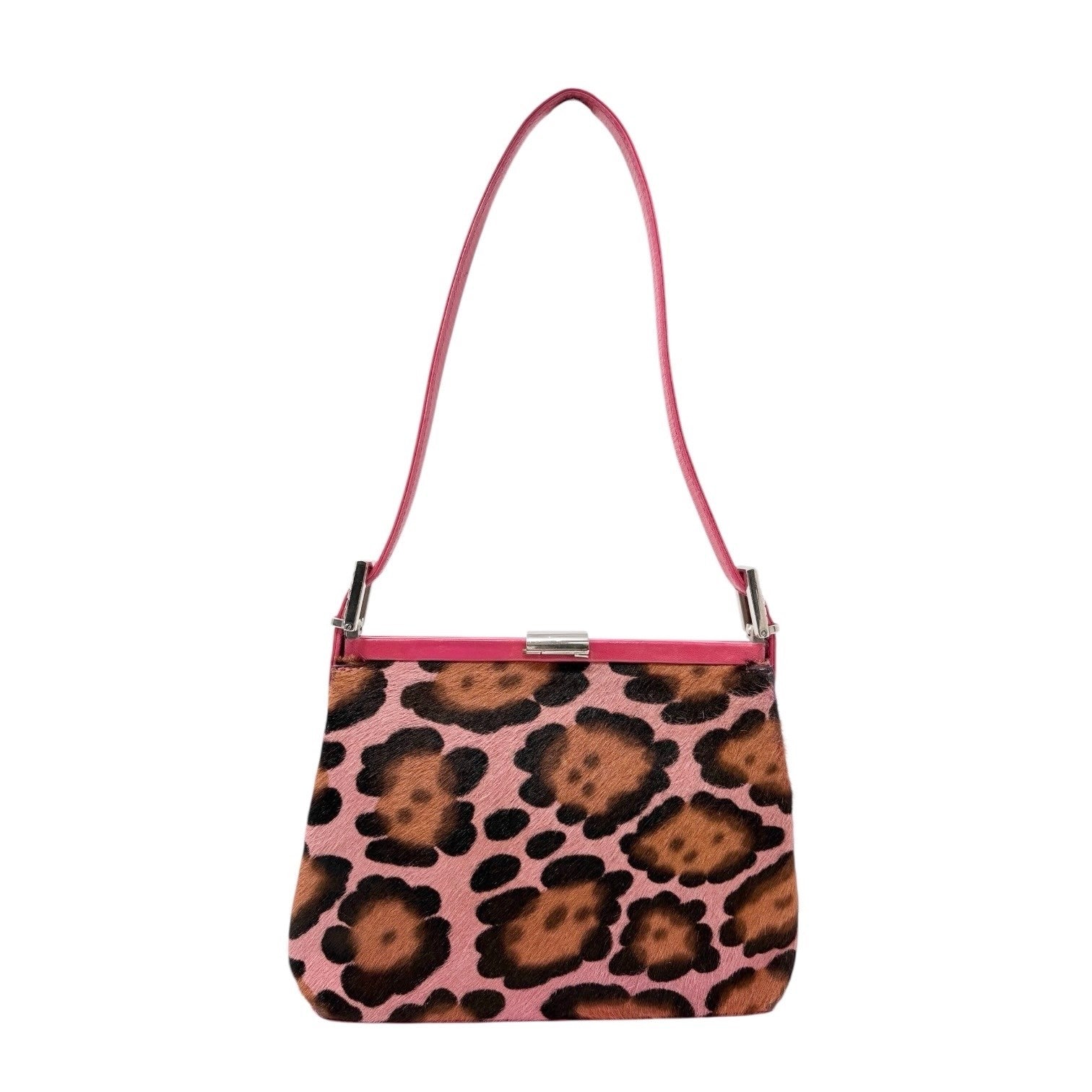 FENDI Vintage Mamma Baguette Leopard Pony Calf Hair Shoulder Bag Pink Brown