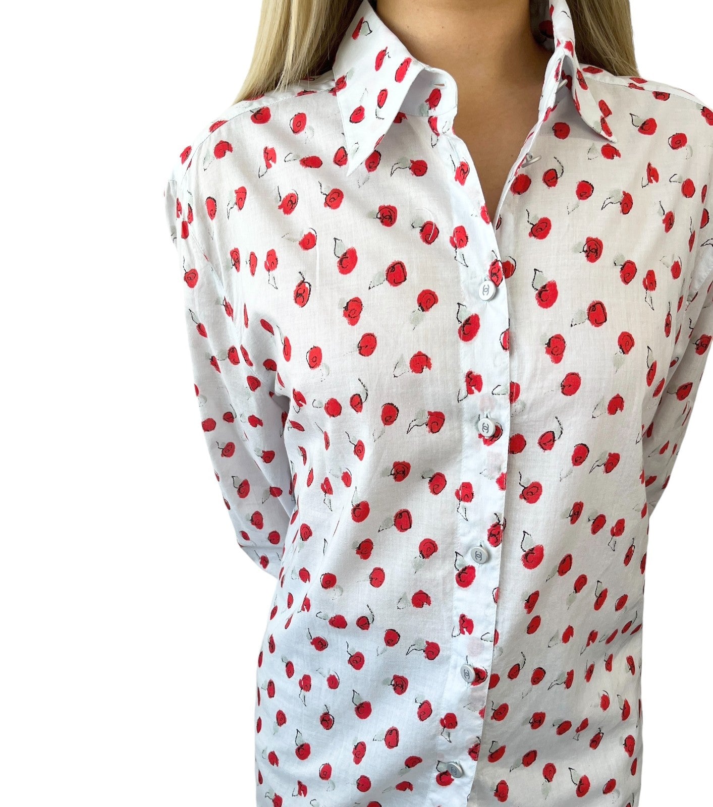 CHANEL Vintage 99S CC Logo Flower Print Shirt Top #44 Button Light Blue Red