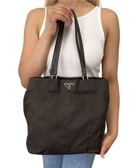 PRADA Vintage Triangle Logo Tessuto Tote Shoulder Bag Brown Gold Nylon 902386