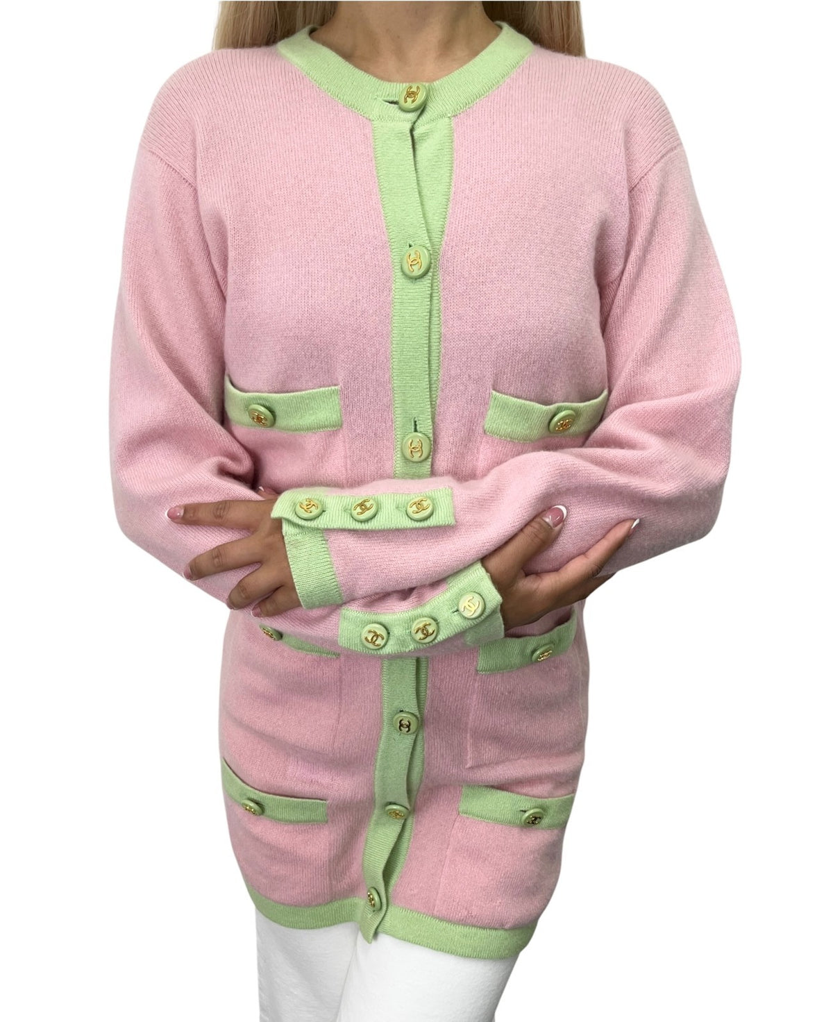 CHANEL Vintage CC Logo Cashmere Knit Long Cardigan Top Pink Green 902471