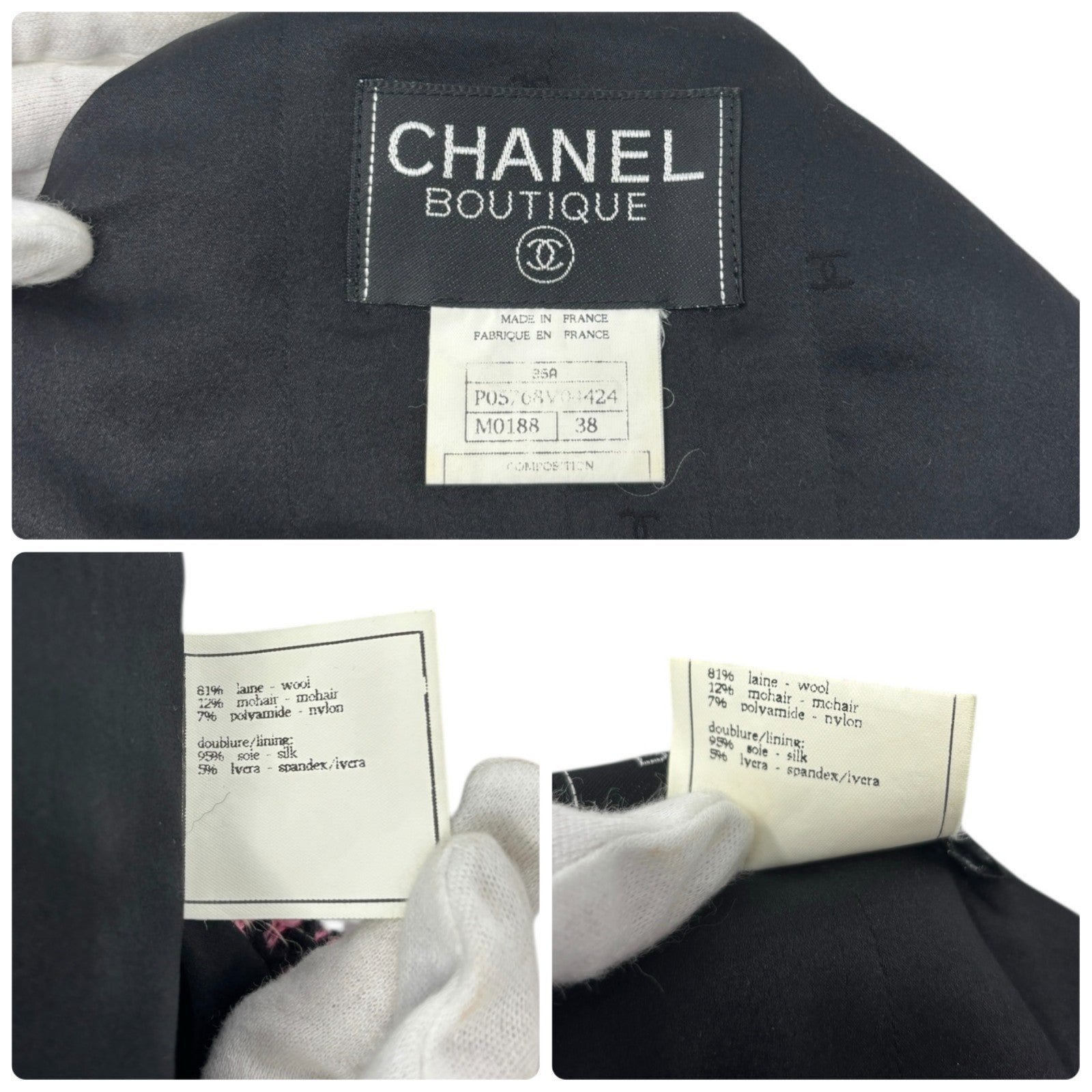 CHANEL Vintage 95A CC Logo Tweed Jacket #38 Pink Black Button Cotton Pocket