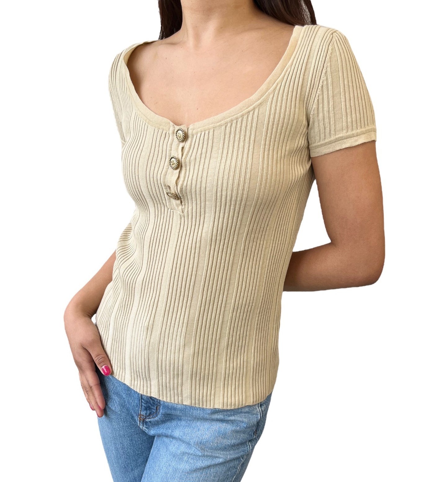 CHANEL Vintage 07P CC Logo Button Rib Knit Top #42 Cotton Beige Gold 106913