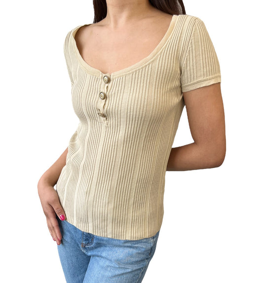 CHANEL Vintage 07P CC Logo Button Rib Knit Top #42 Cotton Beige Gold 106913