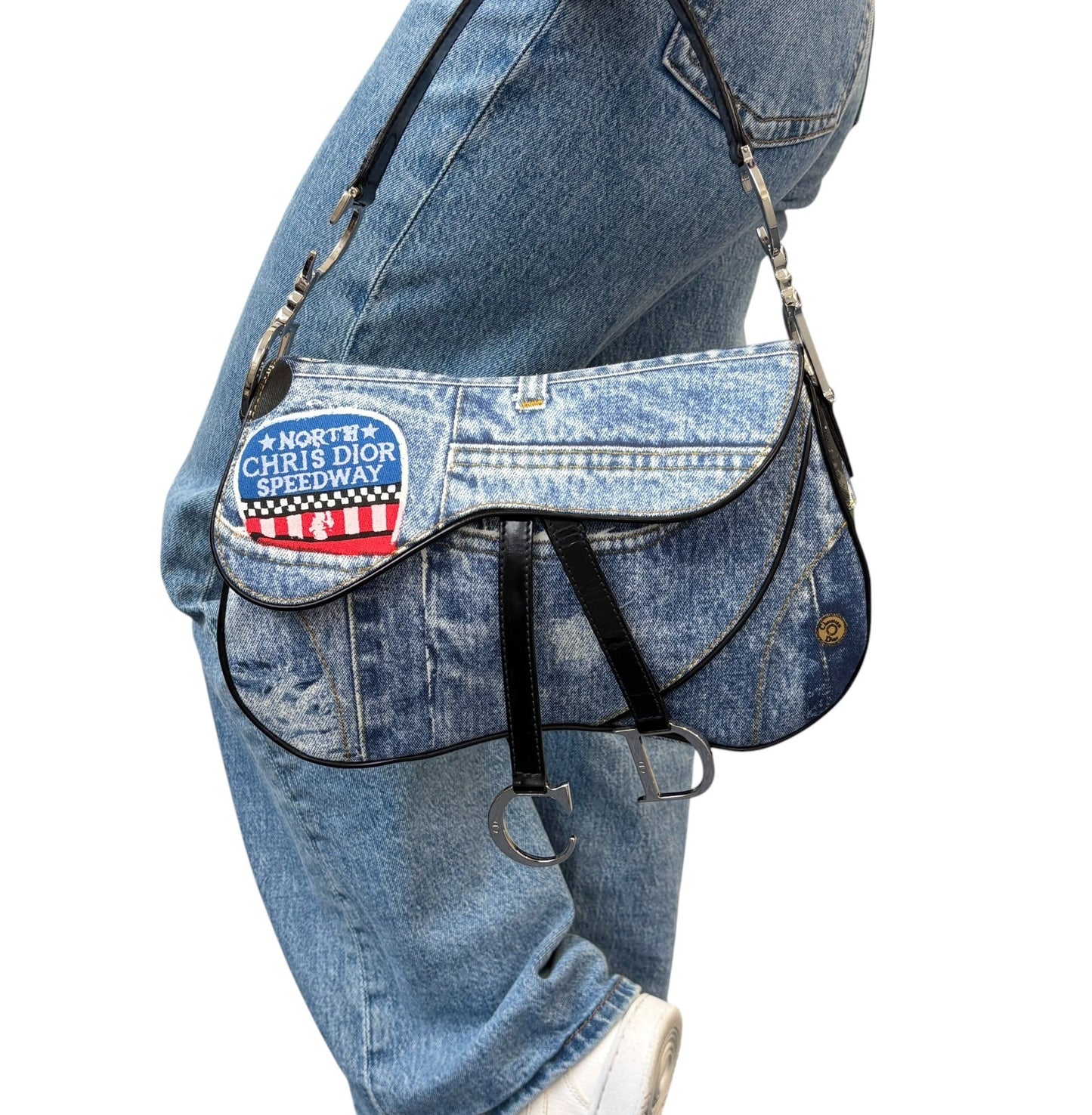 Christian Dior Vintage 2001 Speedway Denim Saddle Bag Blue Black Cotton