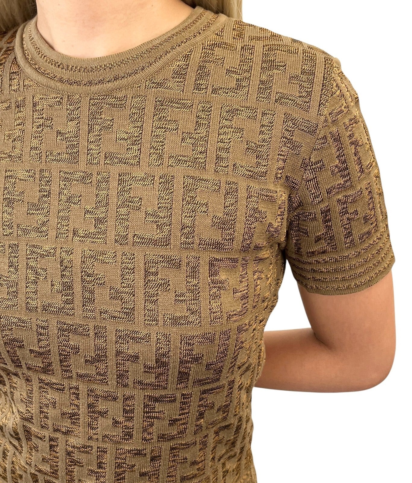 FENDI Vintage Zucca Monogram Logo Knit Top Short Sleeve Sweater Brown Cotton