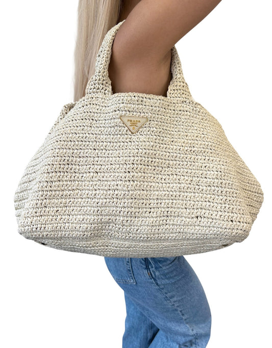 PRADA Vintage Triangle Logo Raffia Canapa Tote Bag Cream Gold Crochet Cotton