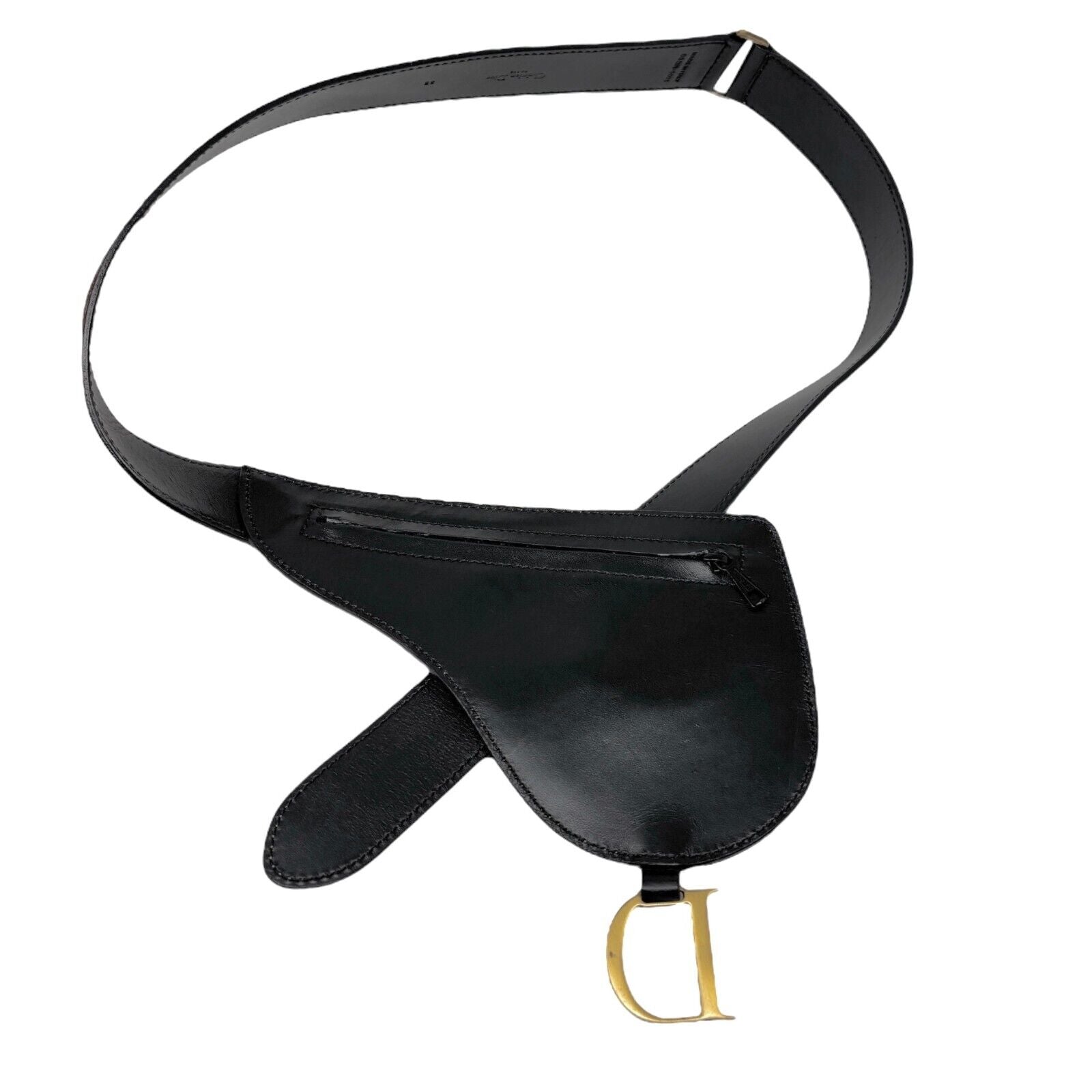 Christian Dior Vintage 2002 Saddle Waist Bag #85 Pouch Belt Black Gold Leather