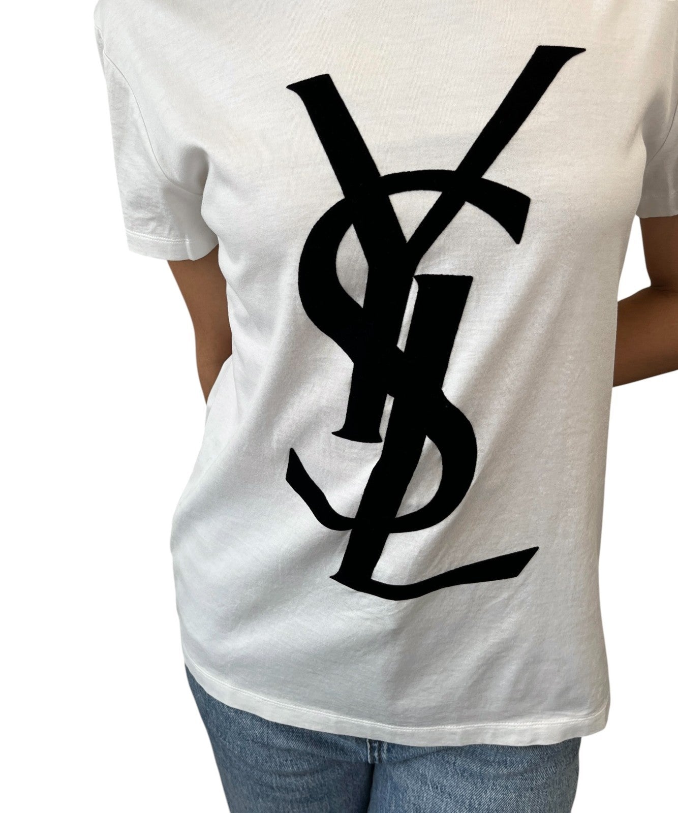 Yves Saint Laurent Vintage Logo Knit Top T-shirt #L White Black Cotton 902087