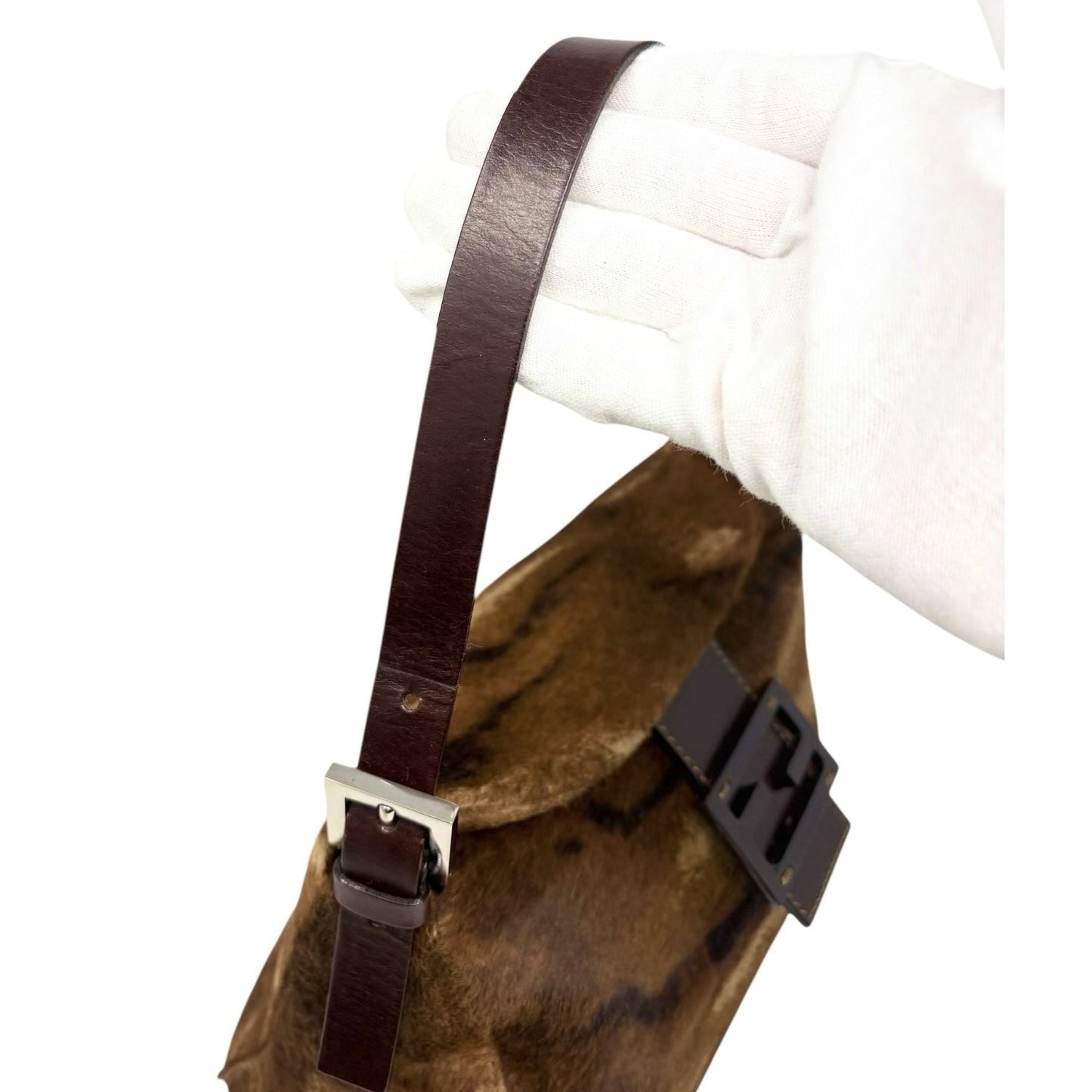 FENDI Vintage FF Logo Mamma Baguette Pony Calf Hair Shoulder Bag Brown Beige