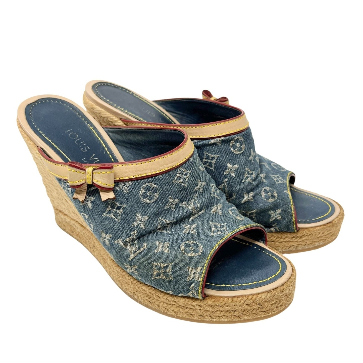 LOUIS VUITTON Vintage Monogram Denim Wedge Sole Sandals #38 Ribbon Blue Beige