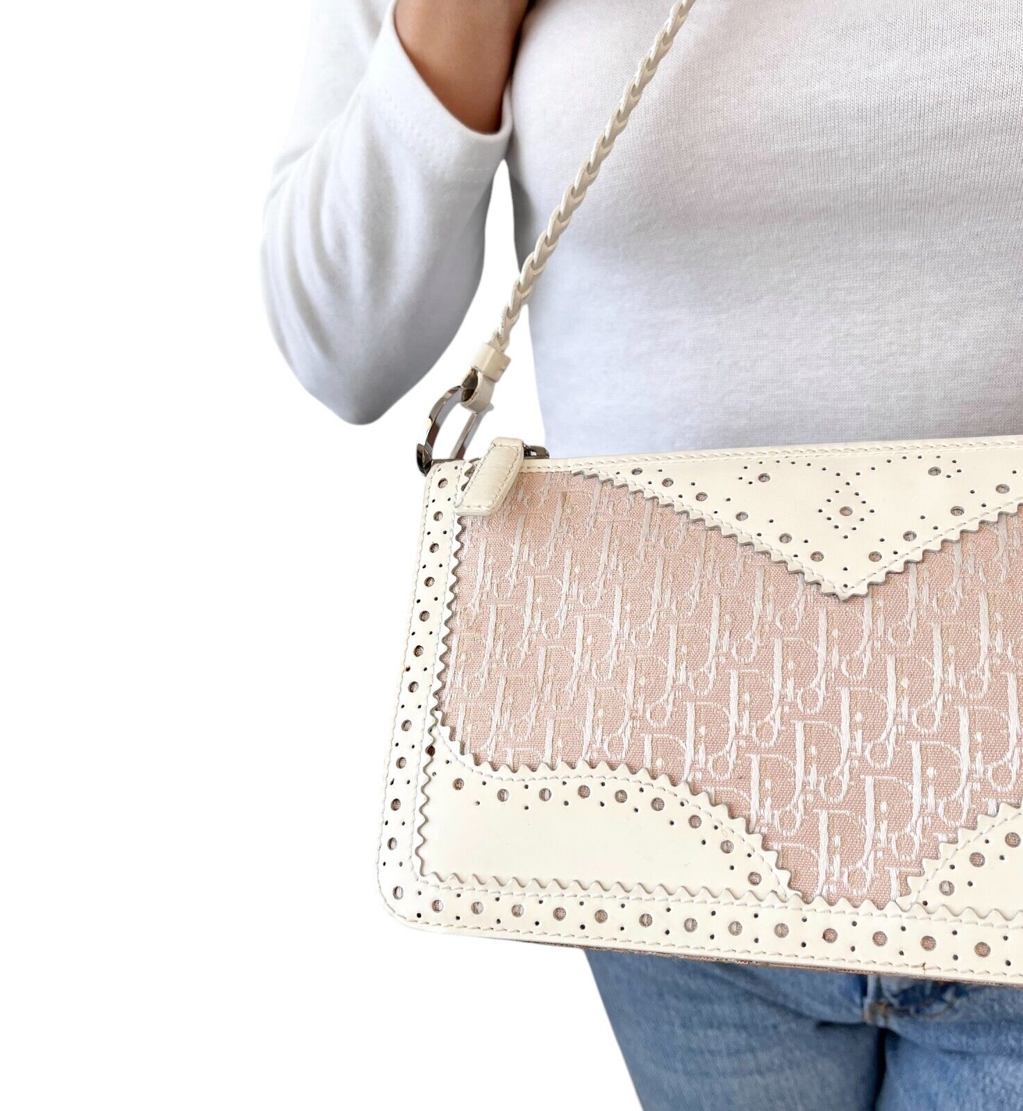 Christian Dior Vintage Trotter Monogram Logo Shoulder Bag Pink White Leather Zip