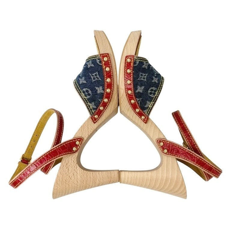 LOUIS VUITTON Vintage Logo Monogram Sandals Heels #36.5 Blue Red Leather