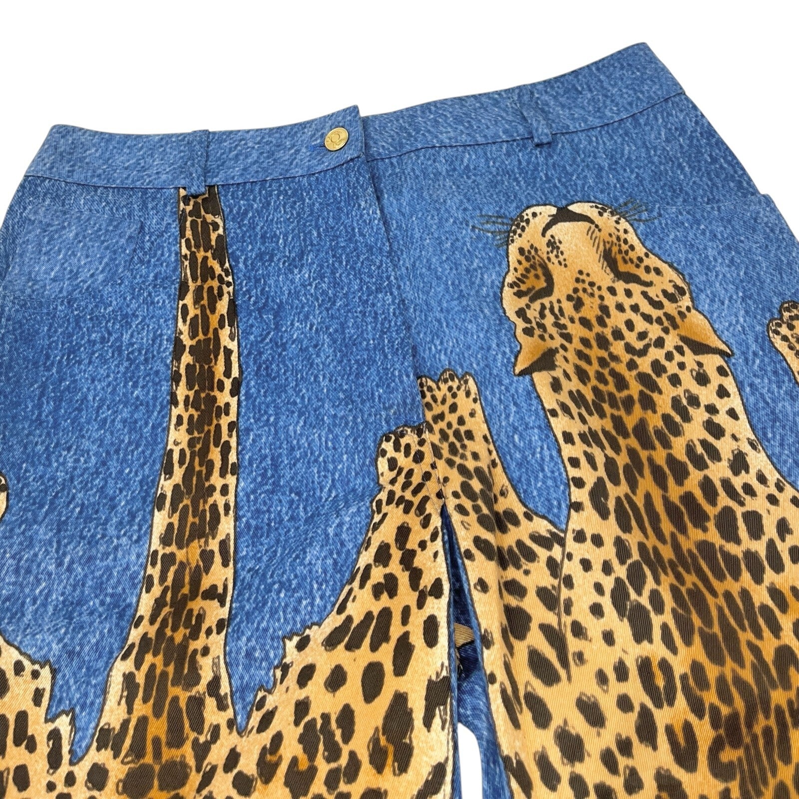 Christian Dior Vintage 2000 AW Runway Cheetah Denim Pants #40 Blue Gold Cotton