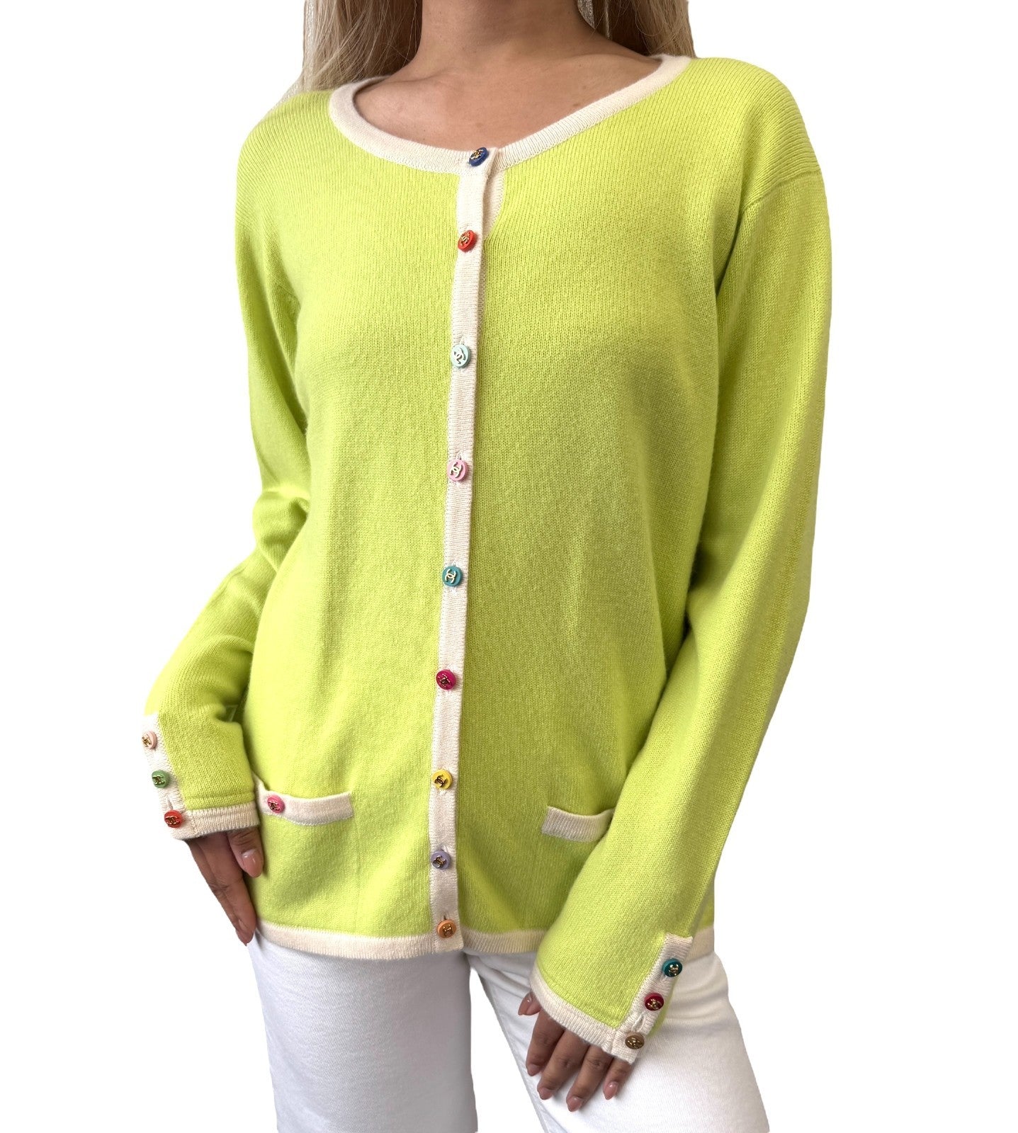 CHANEL Vintage 96C CC Multicolor Button Sweater Cardigan Top Green #44 Cashmere