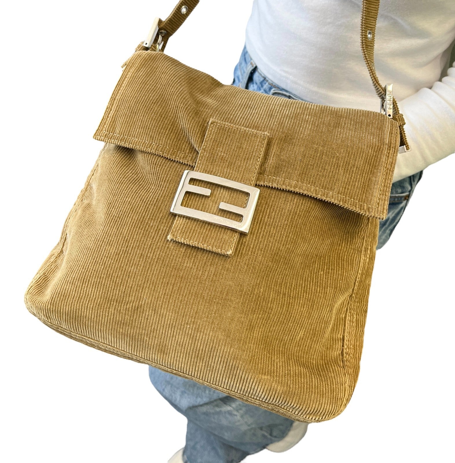 FENDI Vintage FF Logo Mamma Baguette Shoulder Bag Corduroy Brown Silver Cotton