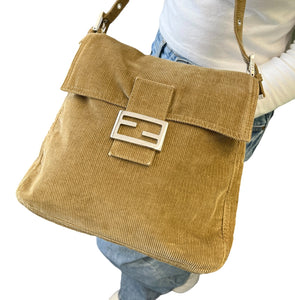 FENDI Vintage FF Logo Mamma Baguette Shoulder Bag Corduroy Brown Silver Cotton