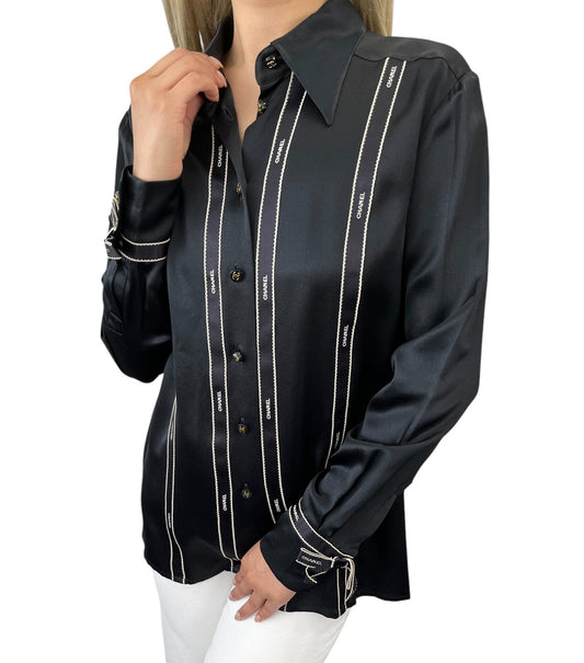 CHANEL Vintage 94A CC Logo Button Up Blouse Silk Shirt #36 Ribbon Black