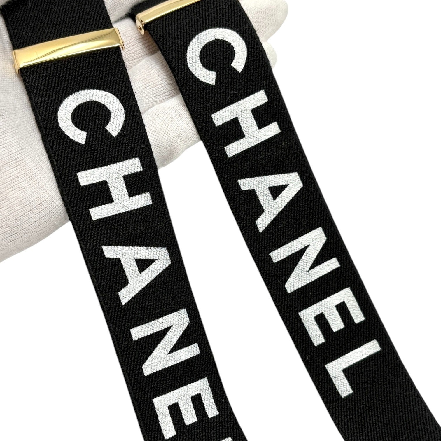 CHANEL Vintage 1994 CC Logo Letter Suspender Belt Black White Cotton Leather