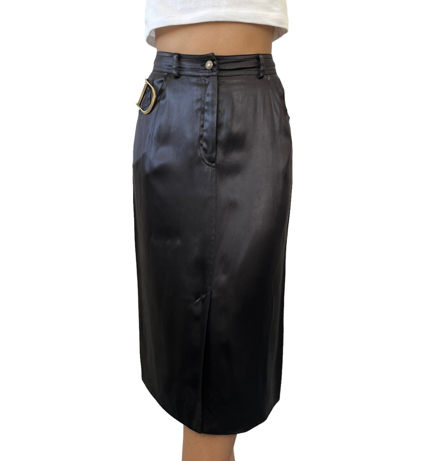 Christian Dior Vintage D Buckle Satin Skirt #40 Zip Black Gold Rank AB+