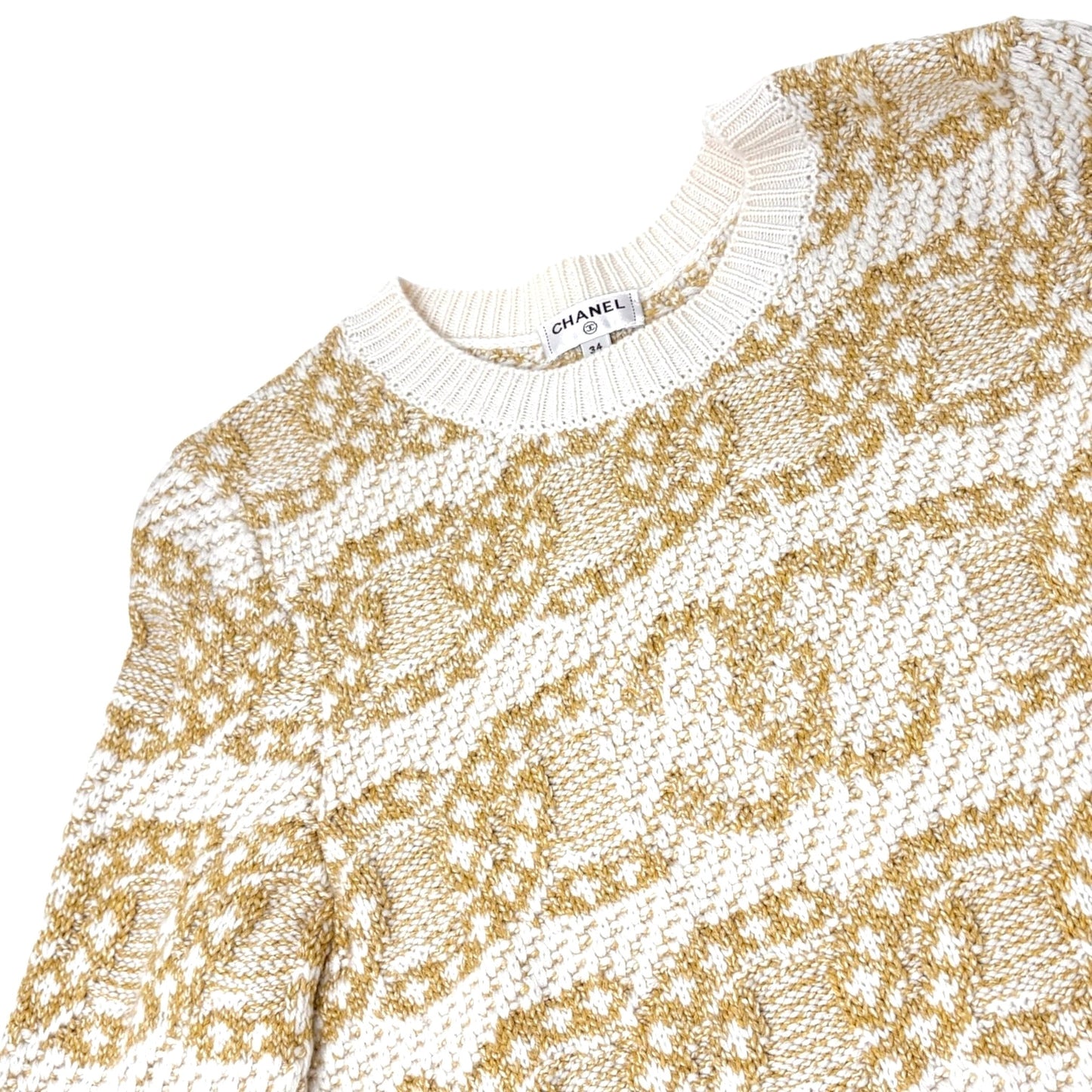 CHANEL P63133 CC Logo Cashmere Knit Sweater Top #34 Beige Cream Cotton