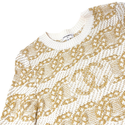 CHANEL P63133 CC Logo Cashmere Knit Sweater Top #34 Beige Cream Cotton 106083