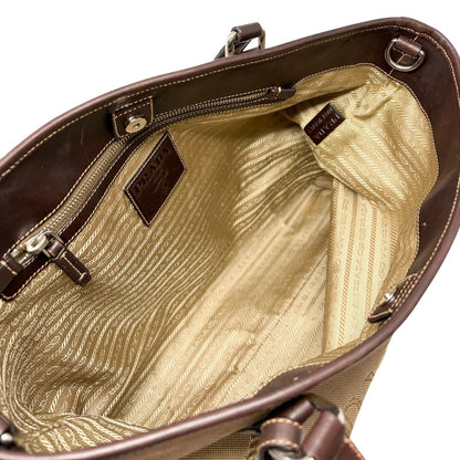 PRADA Vintage Jacquard Logo Tote Bag Brown Silver Canvas Leather 902047