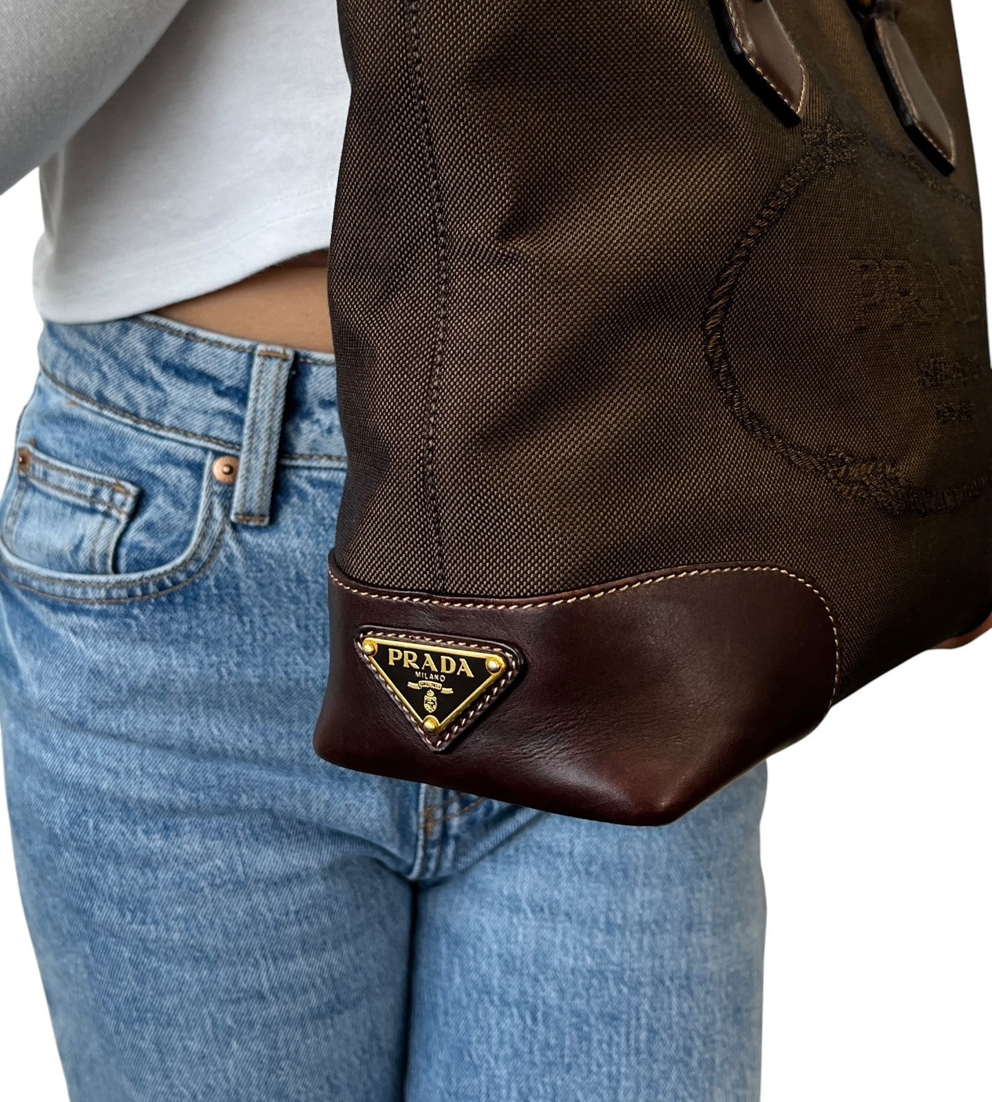 PRADA Vintage Triangle Logo Milano Jacquard Canvas Shoulder Tote Bag Brown Gold