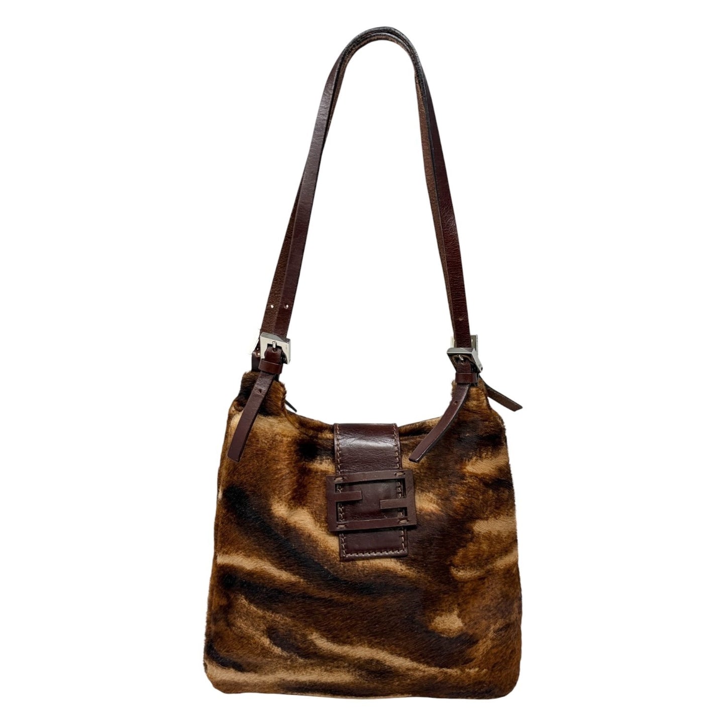 FENDI Vintage FF Pony Calf Hair Shoulder Bag Brown Beige Silver Leather 902217