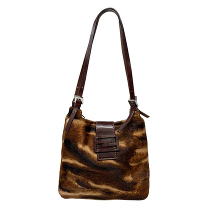 FENDI Vintage FF Pony Calf Hair Shoulder Bag Brown Beige Silver Leather 902217