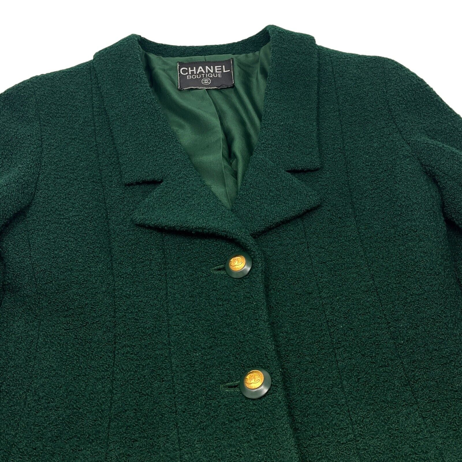 CHANEL Vintage CC Mark Logo Tweed Jacket Button Pocket Green Gold Wool