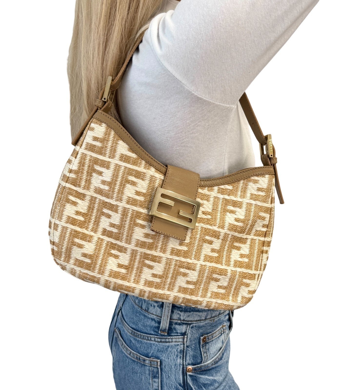 FENDI Vintage FF Logo Zucca Raffia Hobo Shoulder Bag Beige White Leather