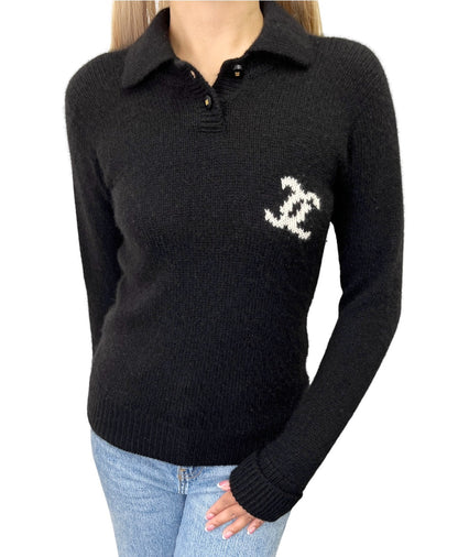 CHANEL Vintage 96A CC Logo Cashmere Knit Sweater Top #36 Black White 902484