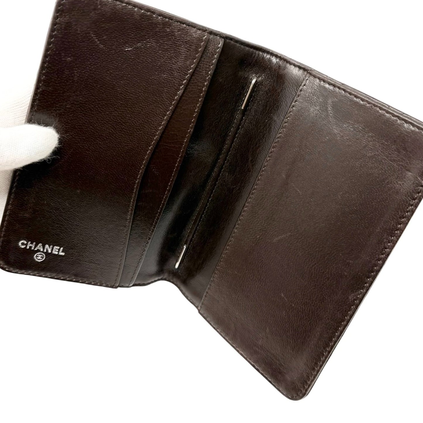 CHANEL Vintage CC Logo Quilted Leather Notebook Cover Brown Silver 901811