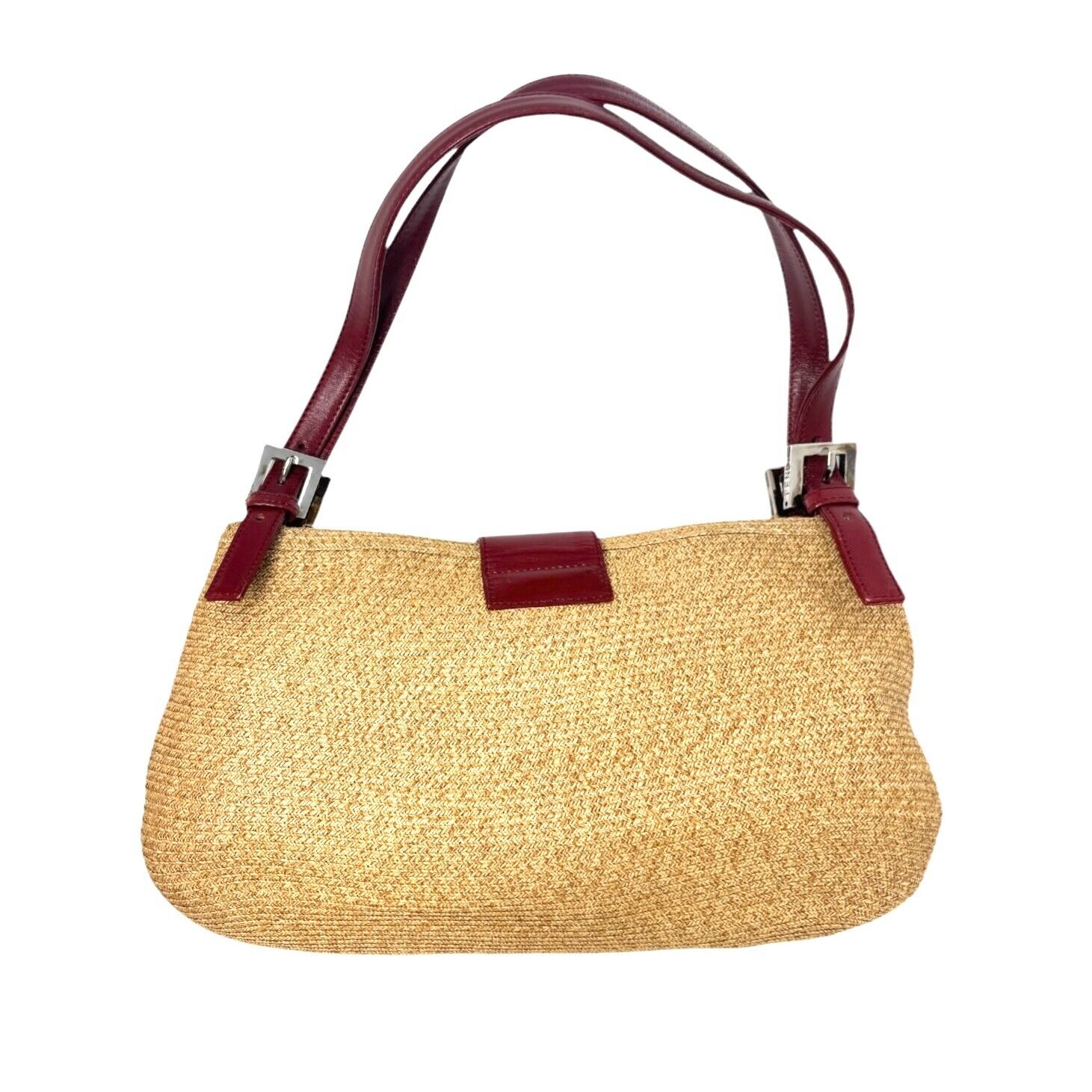 FENDI Vintage Logo Mamma Baguette Shoulder Bag Straw Raffia Red Leather