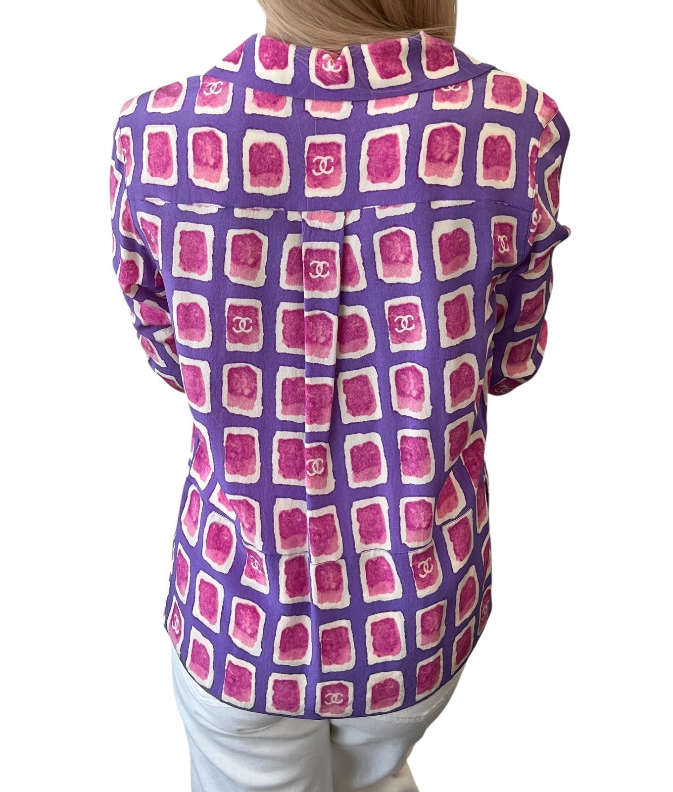 CHANEL Vintage 01P CC Mark Logo Shirt Zip Poket #36 Purple Pink Silk