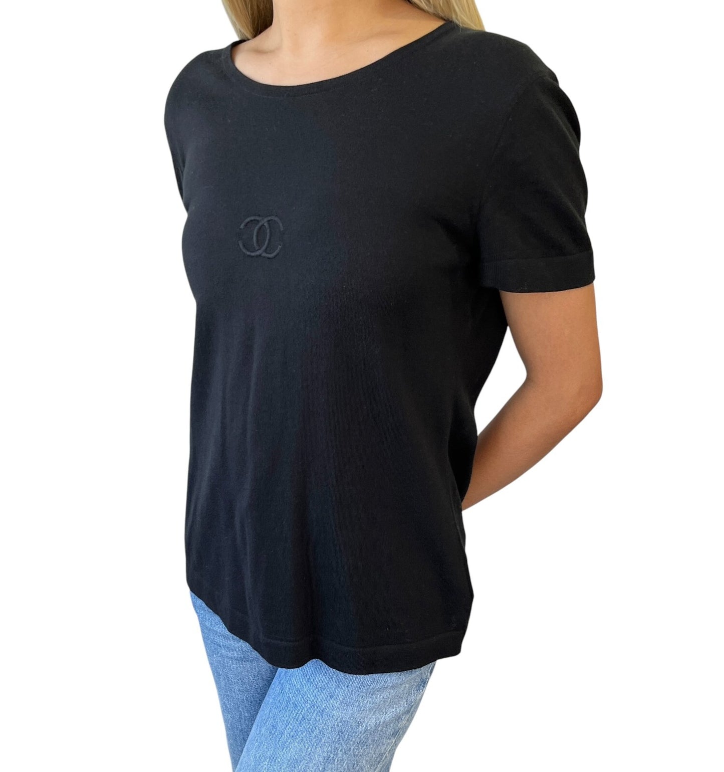 CHANEL Vintage 95P CC Mark Logo T-shirt #40 Short Sleeve Top Black Cotton