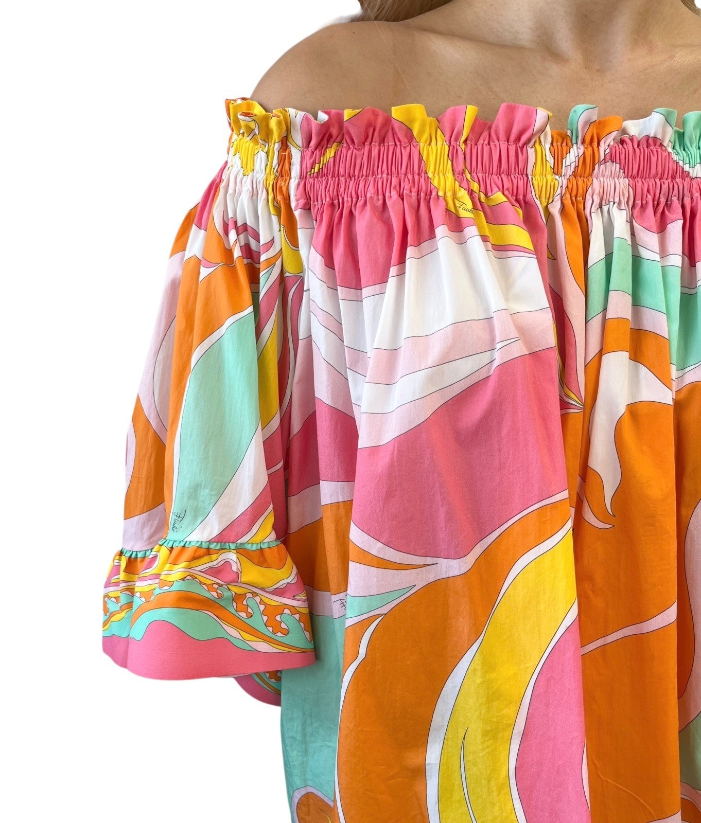 EMILIO PUCCI Vintage Multicolor Printed Scoop Neck Off-Shoulder Top #36 Cotton